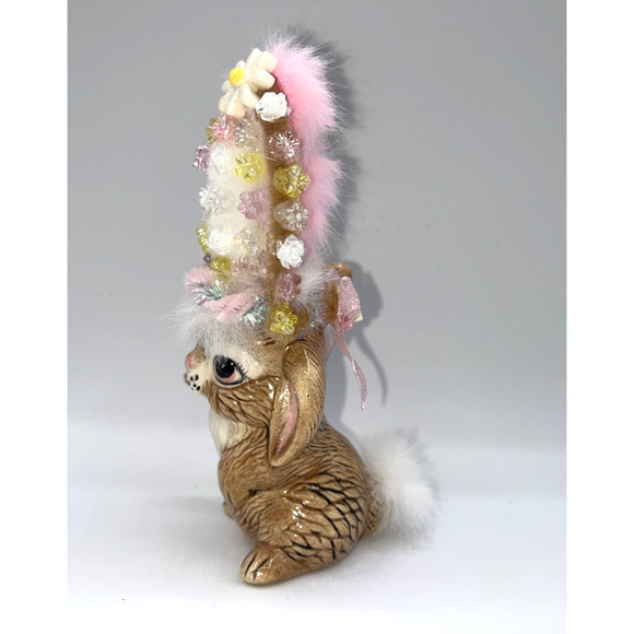 Vintage Ceramic Dancing Easter Bunny With Poof Faux Fur Flower Hat Deb O. OOAK - Picture 13 of 16